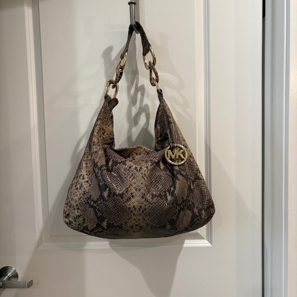 Michael Kors Hobo Tan Effect Leather Python Suede Tote Purse - Picture 1 of 14